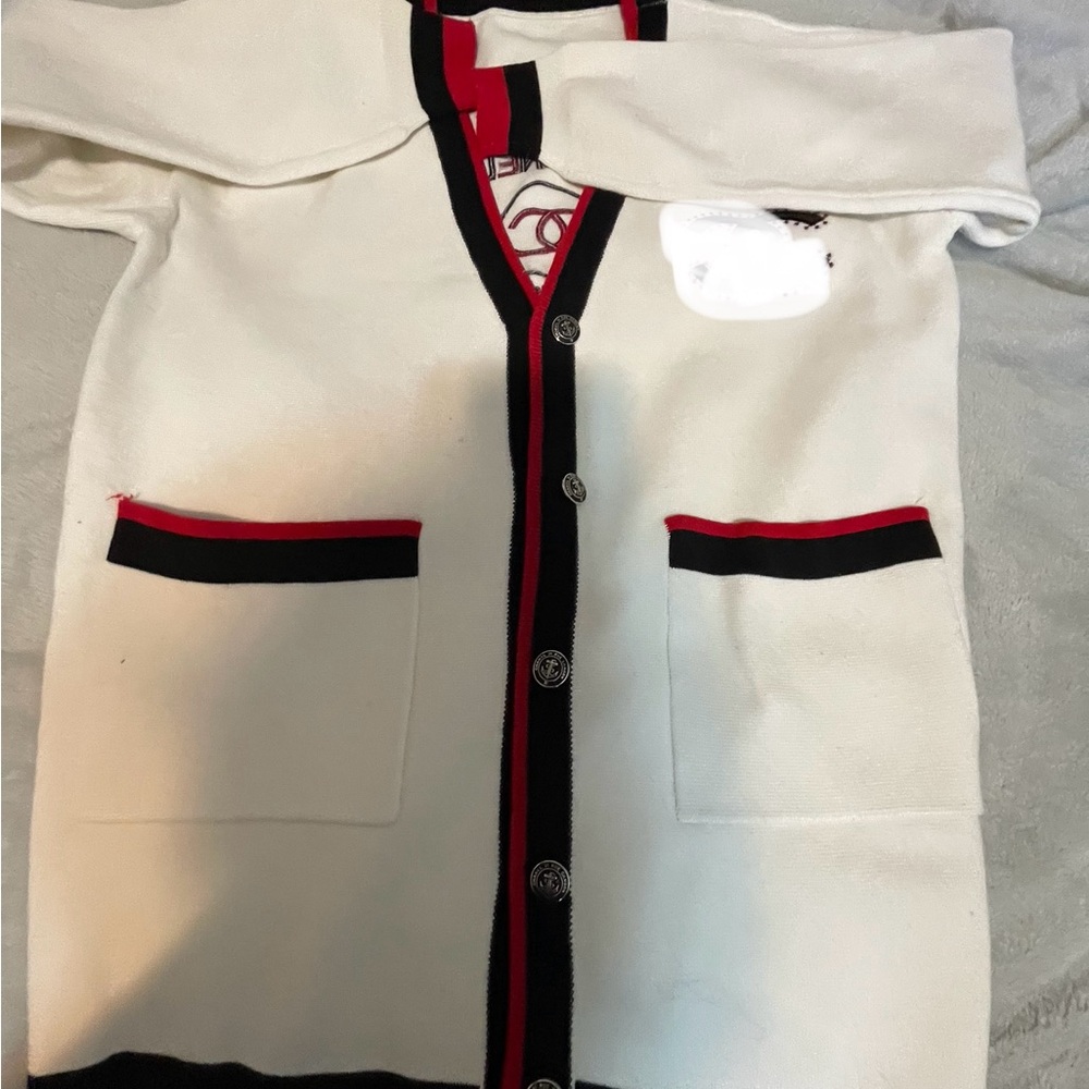 Cream Cardigan with Red & Black Trim